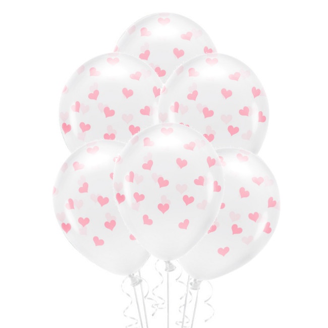 Ballons en latex transparent avec des coeurs de 33 cm biodégradable - PartyDeco - 6 unités
