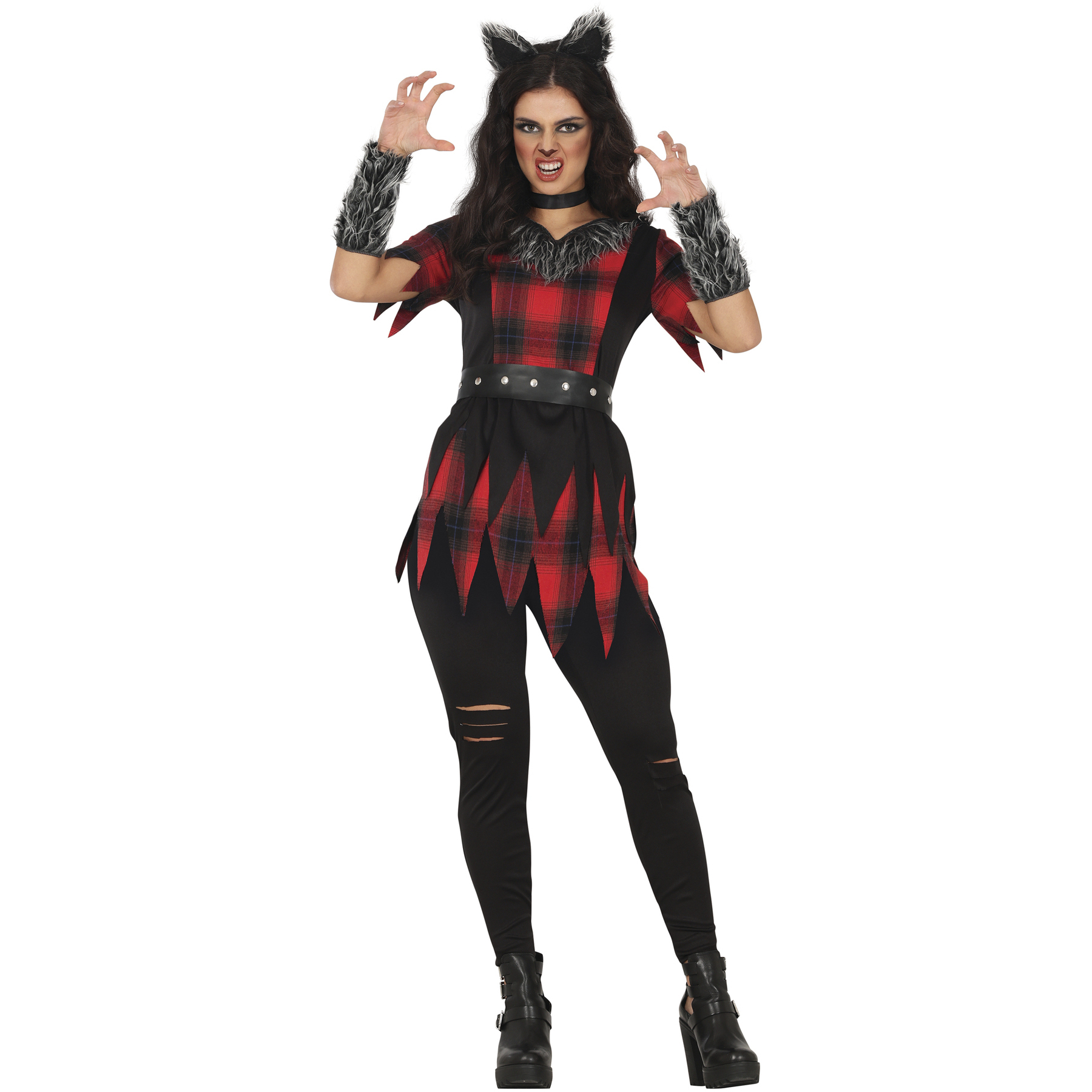 Costume de loup à carreaux rouge et noir pour femme