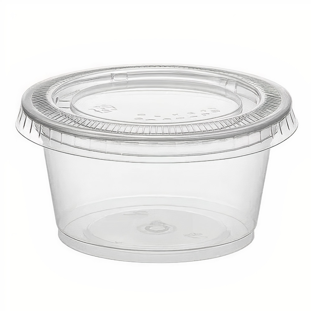 Saucière de 75 ml en plastique transparent avec couvercle - 100 unités