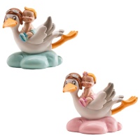Figurine pour gâteau de baptême de cigogne volant avec bébé - 9 cm