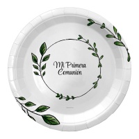 Assiette de Ma Première Communion Feuilles de 18 cm - 8 unités