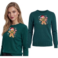 Pull de Noël pour femme avec motif de bonhomme en pain d'épices et effet pailleté
