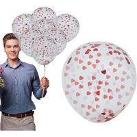 Lot de 10 ballons en latex transparents avec confettis en forme de coeurs rouges