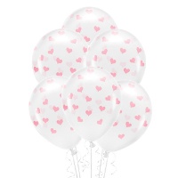 Ballons en latex transparent avec des coeurs de 33 cm biodégradable - PartyDeco - 6 unités