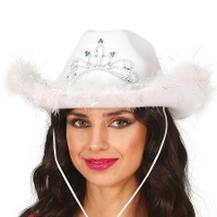 Chapeau de cow-girl blanc avec plumes et couronne argentée