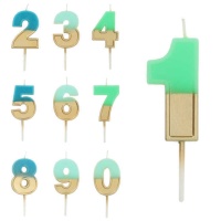 Bougie à numéro bicolore tons vert-bleu et doré de 5 cm