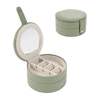 Coffret à bijoux vert à deux niveaux, rond, de 11 x 10 x 6 cm