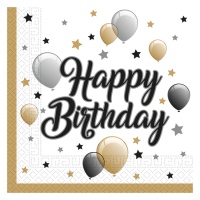 Serviettes Happy Birthday Dorées avec ballons de 16,5 x 16,5 cm - 20 unités