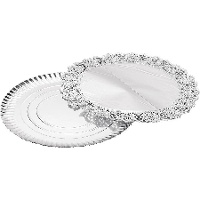 Plateau rond en carton de 35 cm avec dentelle argentée