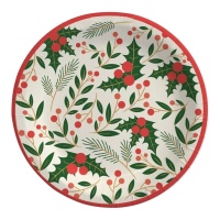 Assiettes de Noël avec des fleurs de houx de 23 cm - 6 unités