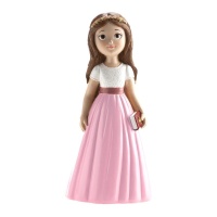 Figurine pour gâteau de Première Communion fille avec jupe rose de 16 cm