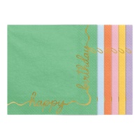 Serviettes d'anniversaire colorées de 16,5 x 16,5 cm - 12 unités
