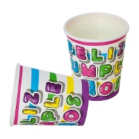 Gobelets Joyeux Anniversaire rayures colorées de 9 x 8 cm - 8 unités