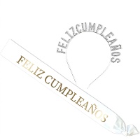 Serre-tête et écharpe blanche « Joyeux anniversaire » argentés